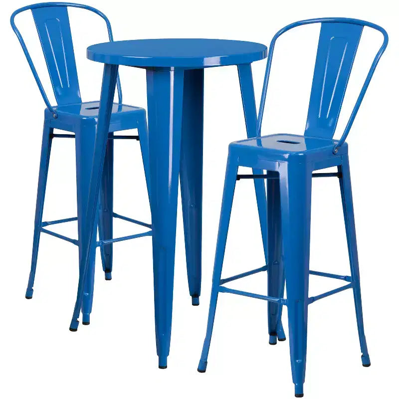 Emma and Oliver Commercial Grade 24 Round Metal Indoor-Outdoor Bar Table Set with 2 Cafe Stools