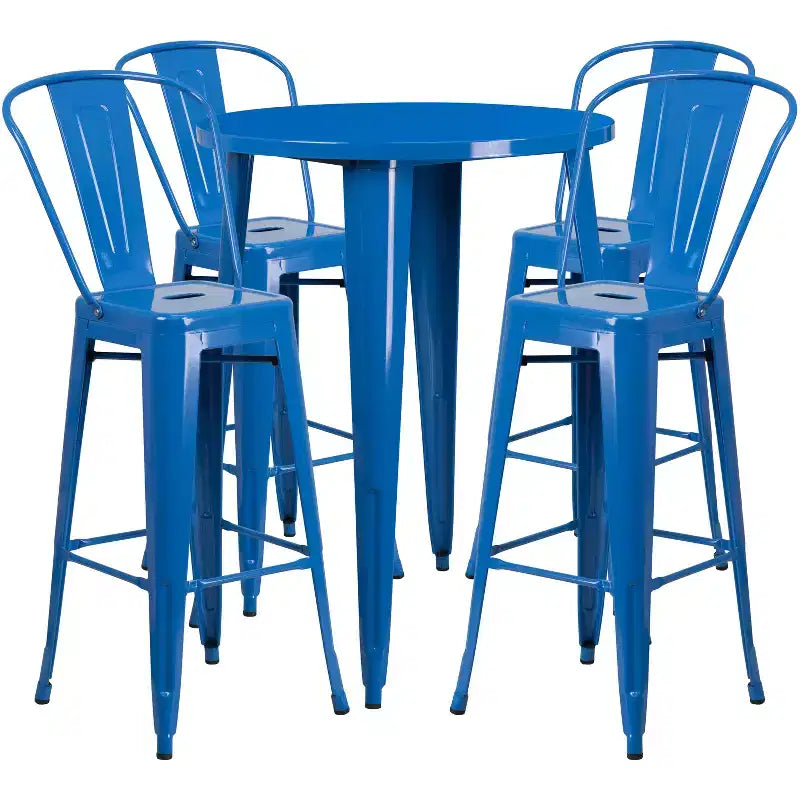 Emma and Oliver Commercial Grade 30 Round Metal Indoor-Outdoor Bar Table Set with 4 Cafe Stools