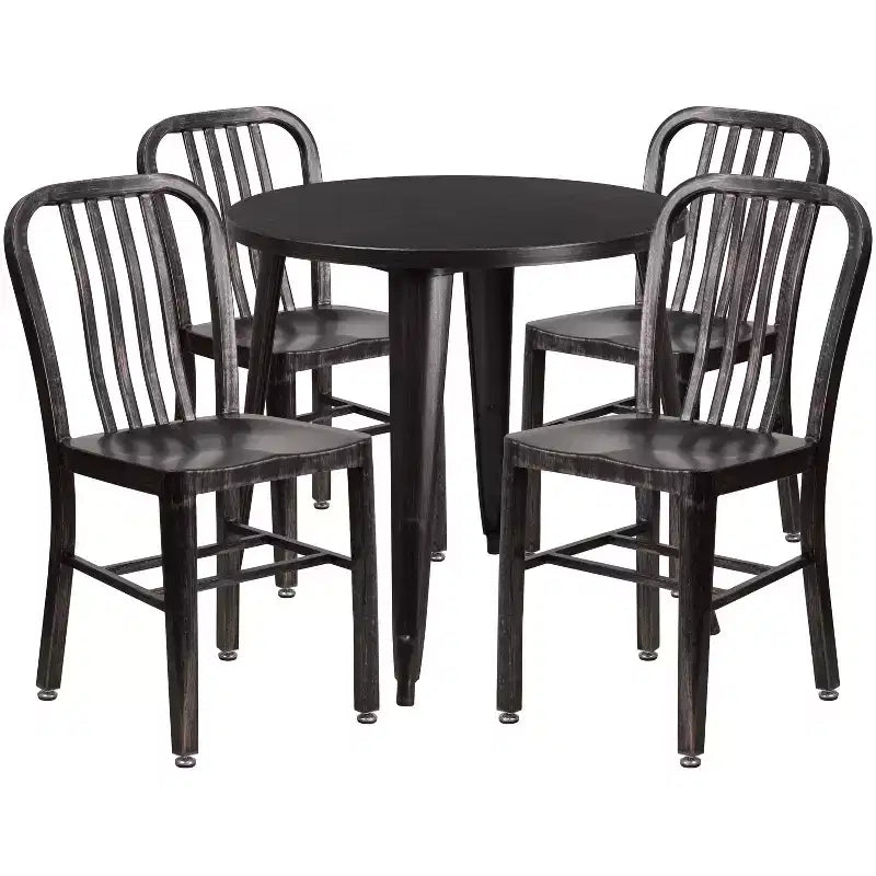 Emma and Oliver Commercial Grade 30 Round Metal Indoor-Outdoor Table Set & 4 Slat Back Chairs
