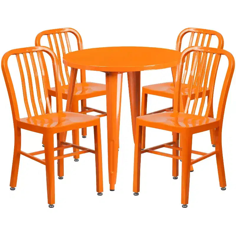 Emma and Oliver Commercial Grade 30 Round Metal Indoor-Outdoor Table Set & 4 Slat Back Chairs