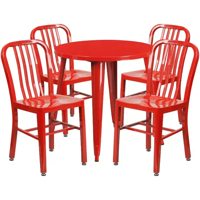 Emma and Oliver Commercial Grade 30 Round Metal Indoor-Outdoor Table Set & 4 Slat Back Chairs