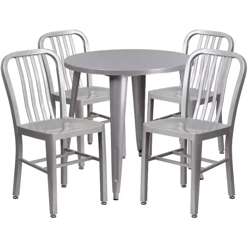 Emma and Oliver Commercial Grade 30 Round Metal Indoor-Outdoor Table Set & 4 Slat Back Chairs