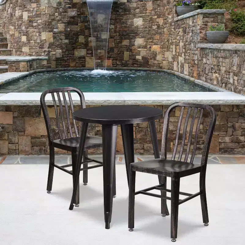 Emma and Oliver Commercial Grade 24 Round Metal Indoor-Outdoor Table Set & 2 Slat Back Chairs