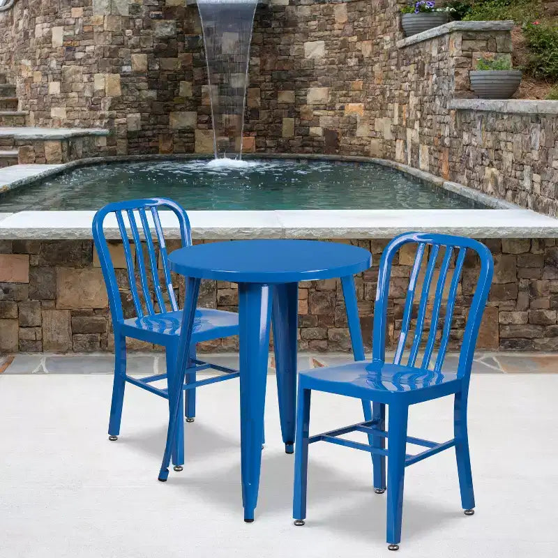 Emma and Oliver Commercial Grade 24 Round Metal Indoor-Outdoor Table Set & 2 Slat Back Chairs