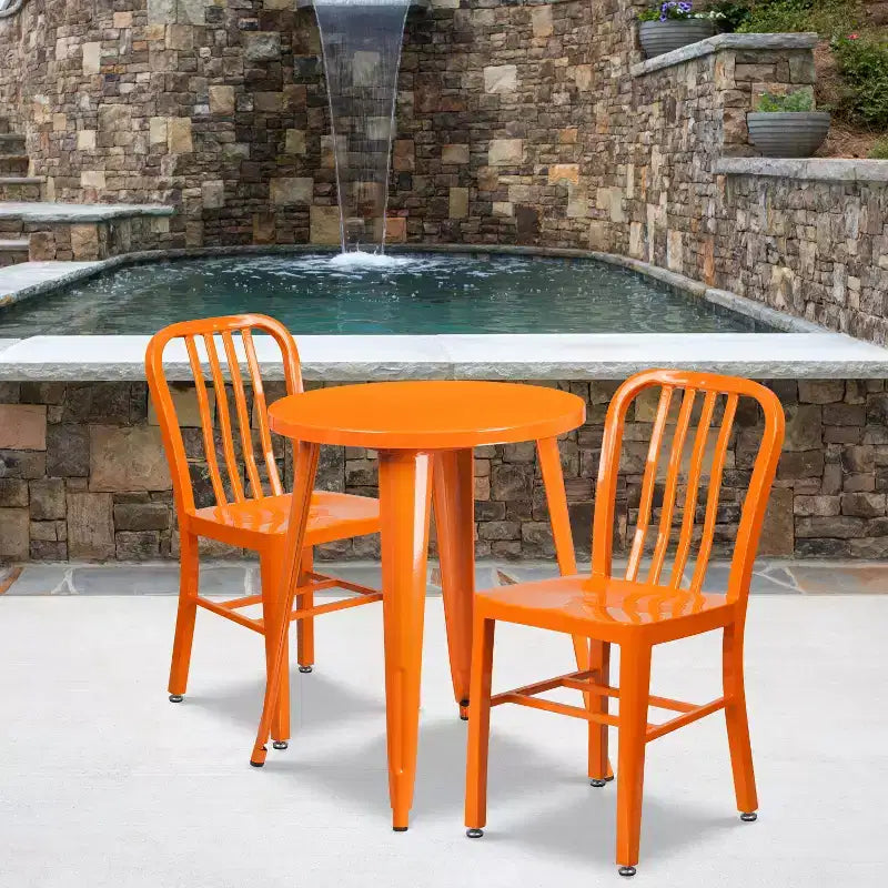 Emma and Oliver Commercial Grade 24 Round Metal Indoor-Outdoor Table Set & 2 Slat Back Chairs