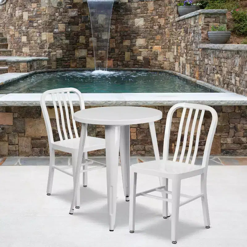 Emma and Oliver Commercial Grade 24 Round Metal Indoor-Outdoor Table Set & 2 Slat Back Chairs