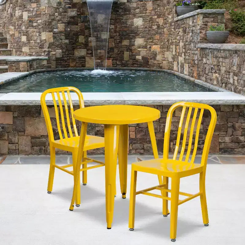 Emma and Oliver Commercial Grade 24 Round Metal Indoor-Outdoor Table Set & 2 Slat Back Chairs
