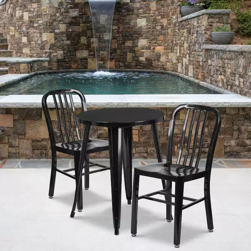 Emma and Oliver Commercial Grade 24 Round Metal Indoor-Outdoor Table Set & 2 Slat Back Chairs