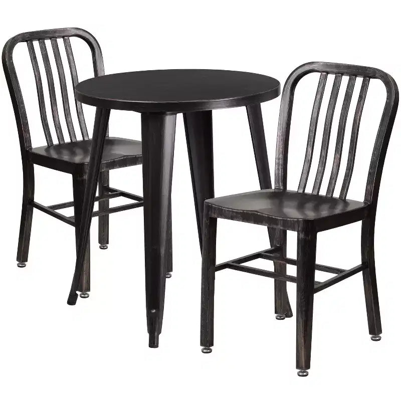 Emma and Oliver Commercial Grade 24 Round Metal Indoor-Outdoor Table Set & 2 Slat Back Chairs