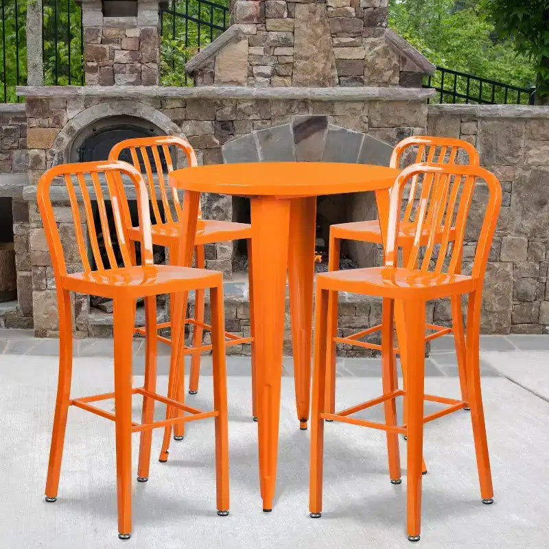 Emma and Oliver Commercial 30 Round Metal Indoor-Outdoor Bar Table Set & 4 Slat Back Stools