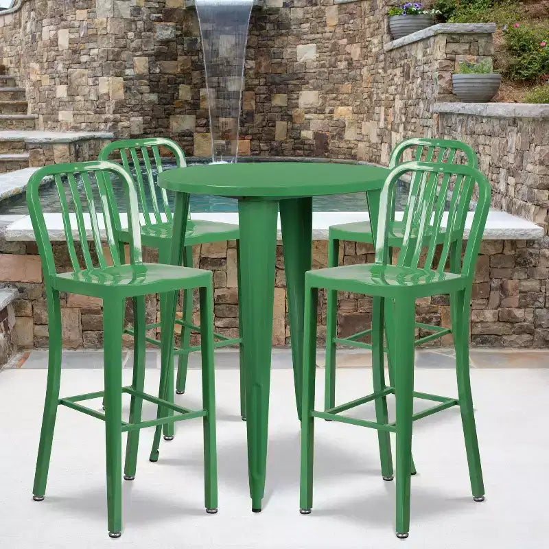 Emma and Oliver Commercial 30 Round Metal Indoor-Outdoor Bar Table Set & 4 Slat Back Stools