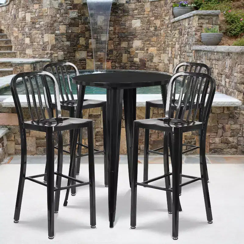 Emma and Oliver Commercial 30 Round Metal Indoor-Outdoor Bar Table Set & 4 Slat Back Stools