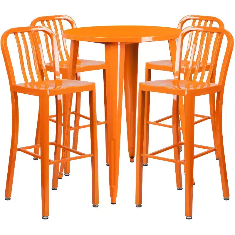 Emma and Oliver Commercial 30 Round Metal Indoor-Outdoor Bar Table Set & 4 Slat Back Stools