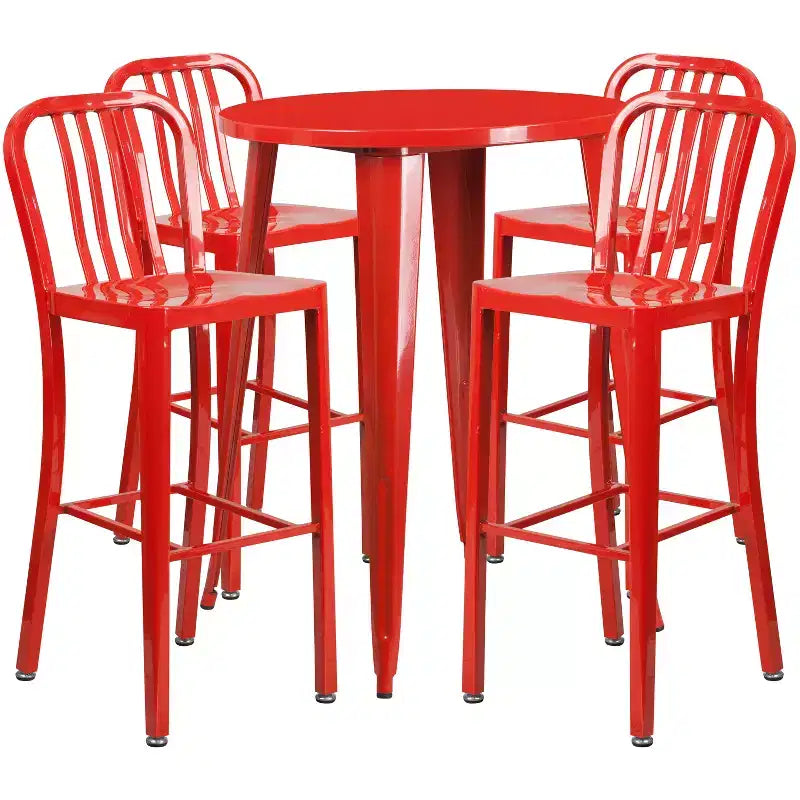 Emma and Oliver Commercial 30 Round Metal Indoor-Outdoor Bar Table Set & 4 Slat Back Stools