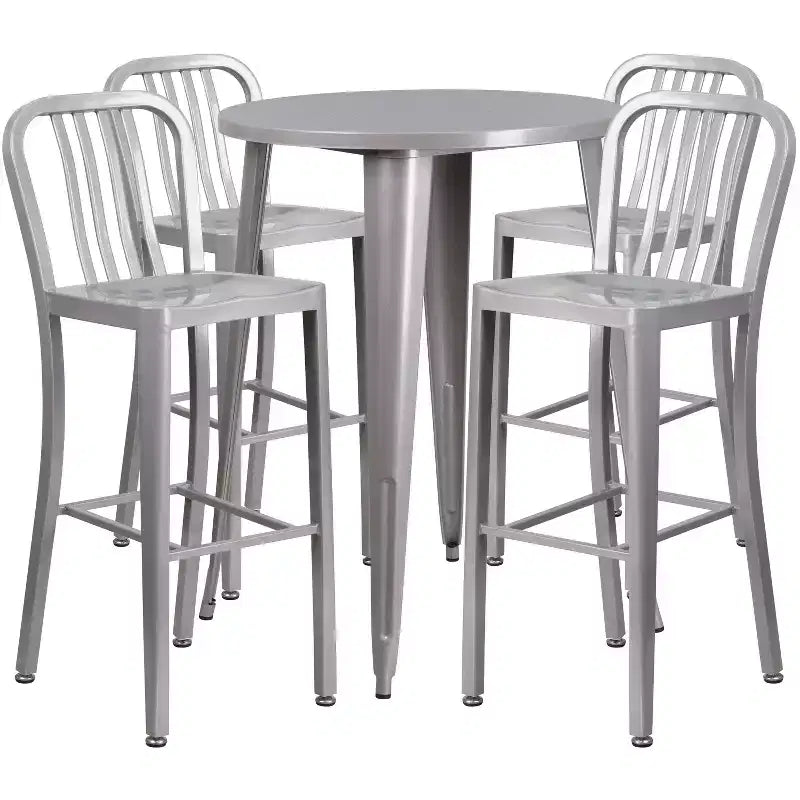 Emma and Oliver Commercial 30 Round Metal Indoor-Outdoor Bar Table Set & 4 Slat Back Stools
