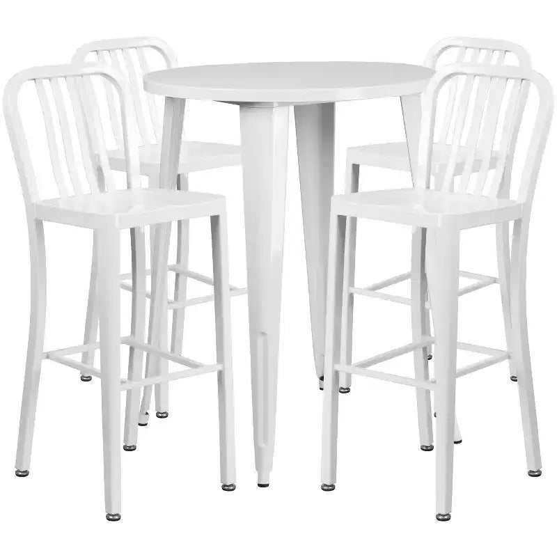 Emma and Oliver Commercial 30 Round Metal Indoor-Outdoor Bar Table Set & 4 Slat Back Stools