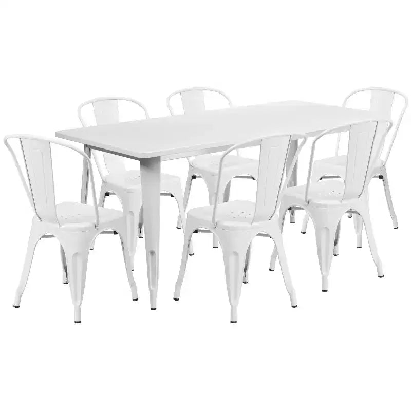 Emma and Oliver Commercial Grade Rectangular Metal Indoor-Outdoor Table Set with 6 Stack Chairs