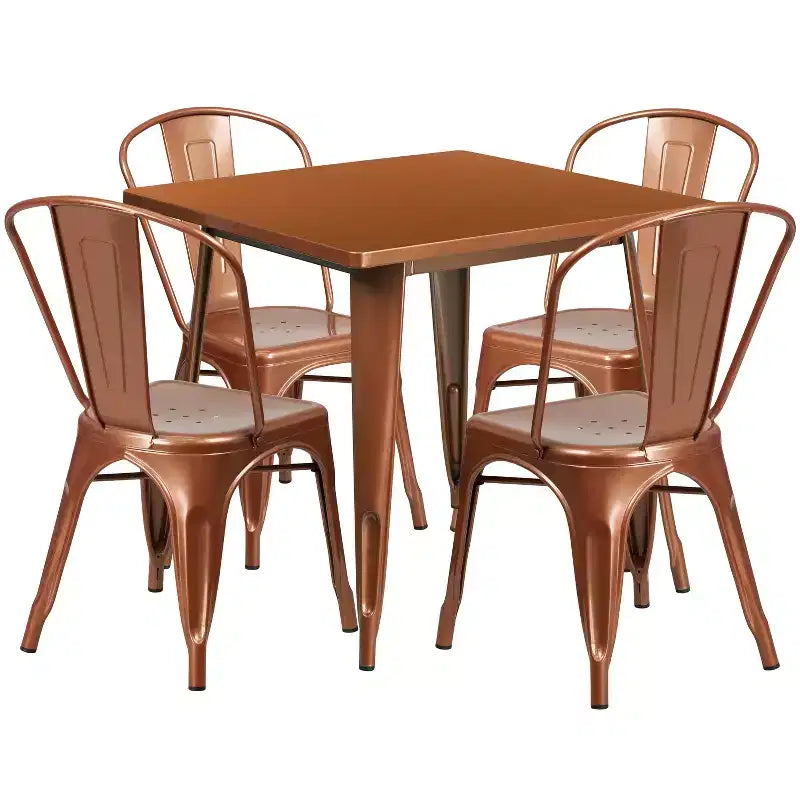 Emma and Oliver Commercial Grade 31.5 Square Metal Indoor-Outdoor Table Set with 4 Stack Chairs