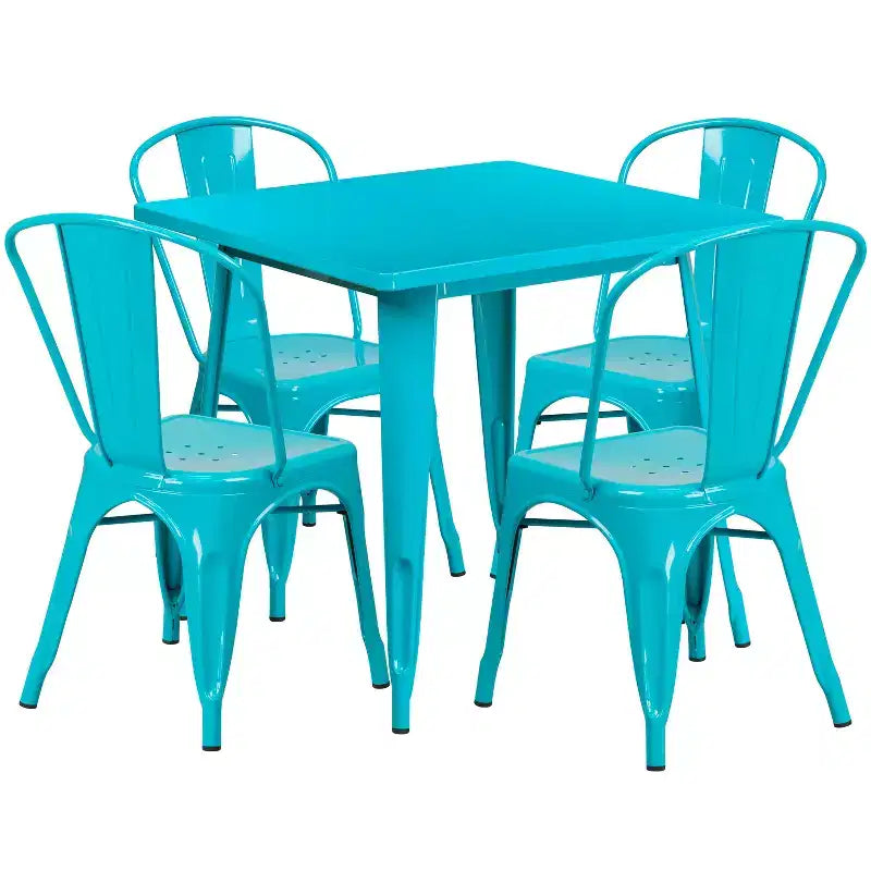Emma and Oliver Commercial Grade 31.5 Square Metal Indoor-Outdoor Table Set with 4 Stack Chairs