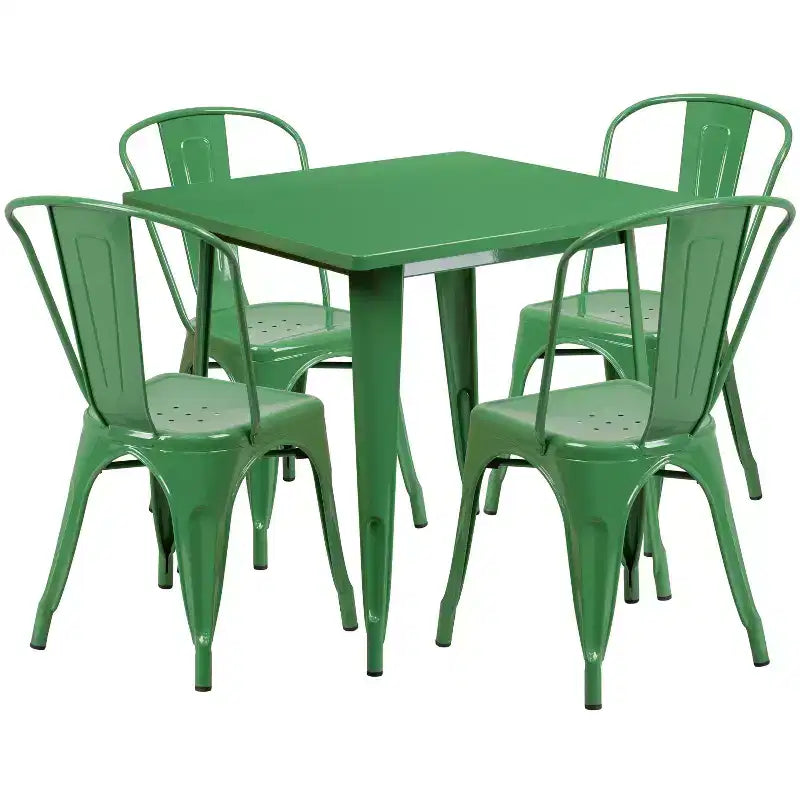 Emma and Oliver Commercial Grade 31.5 Square Metal Indoor-Outdoor Table Set with 4 Stack Chairs