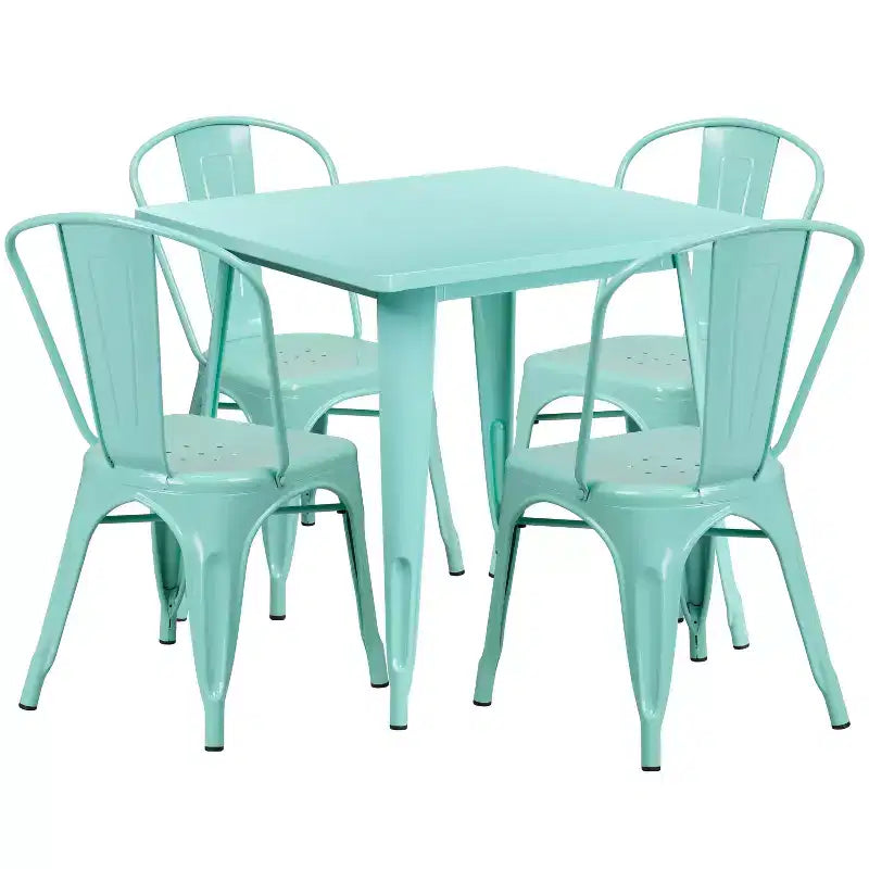 Emma and Oliver Commercial Grade 31.5 Square Metal Indoor-Outdoor Table Set with 4 Stack Chairs