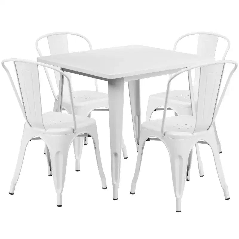 Emma and Oliver Commercial Grade 31.5 Square Metal Indoor-Outdoor Table Set with 4 Stack Chairs