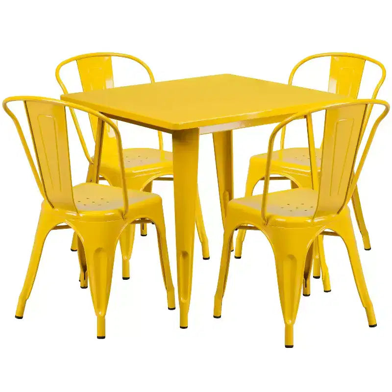 Emma and Oliver Commercial Grade 31.5 Square Metal Indoor-Outdoor Table Set with 4 Stack Chairs