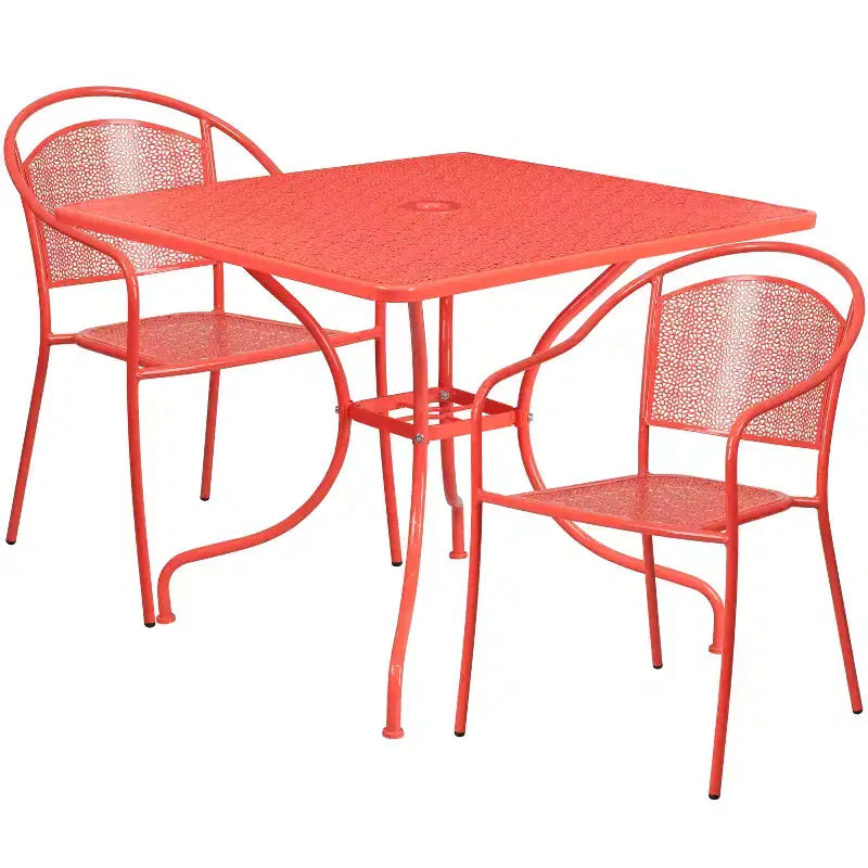 Emma and Oliver Commercial 35.5 Square Metal Garden Patio Table Set w/ 2 Round Back Chairs
