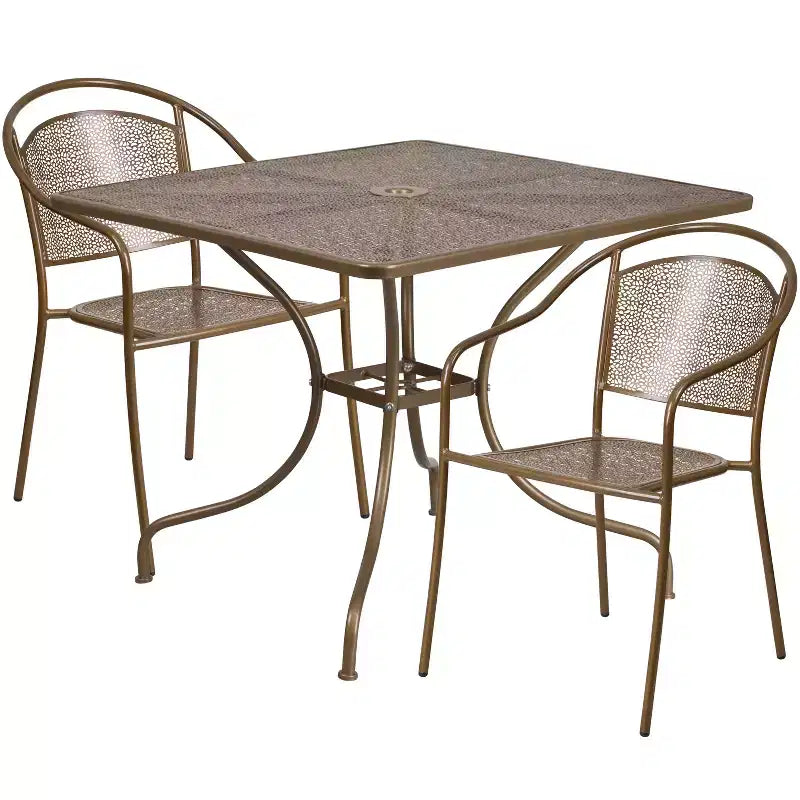 Emma and Oliver Commercial 35.5 Square Metal Garden Patio Table Set w/ 2 Round Back Chairs