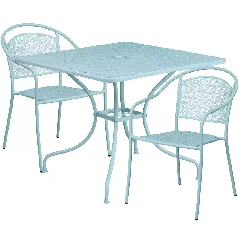 Emma and Oliver Commercial 35.5 Square Metal Garden Patio Table Set w/ 2 Round Back Chairs