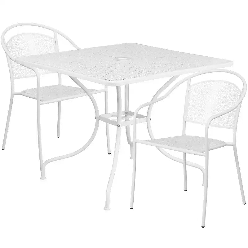 Emma and Oliver Commercial 35.5 Square Metal Garden Patio Table Set w/ 2 Round Back Chairs