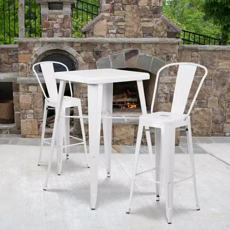 Emma and Oliver Commercial Grade 23.75 Square Metal Indoor-Outdoor Bar Table Set, 2 Back Stools