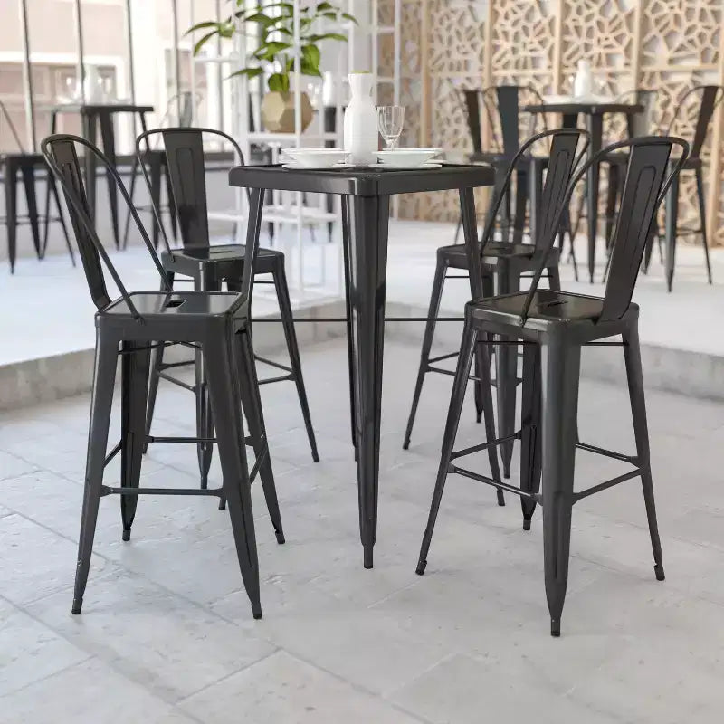 Emma and Oliver Commercial Grade 23.75 Square Metal Indoor-Outdoor Bar Table Set, 2 Back Stools
