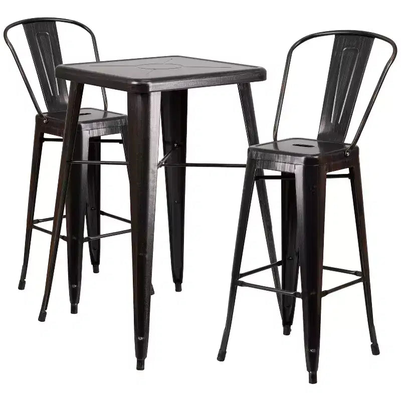 Emma and Oliver Commercial Grade 23.75 Square Metal Indoor-Outdoor Bar Table Set, 2 Back Stools