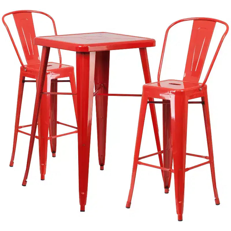 Emma and Oliver Commercial Grade 23.75 Square Metal Indoor-Outdoor Bar Table Set, 2 Back Stools
