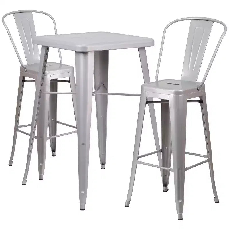 Emma and Oliver Commercial Grade 23.75 Square Metal Indoor-Outdoor Bar Table Set, 2 Back Stools