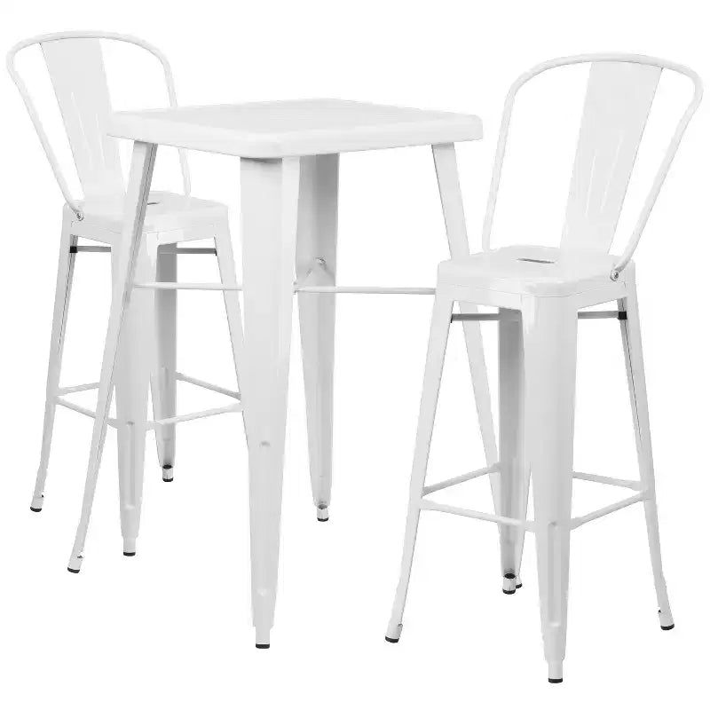 Emma and Oliver Commercial Grade 23.75 Square Metal Indoor-Outdoor Bar Table Set, 2 Back Stools