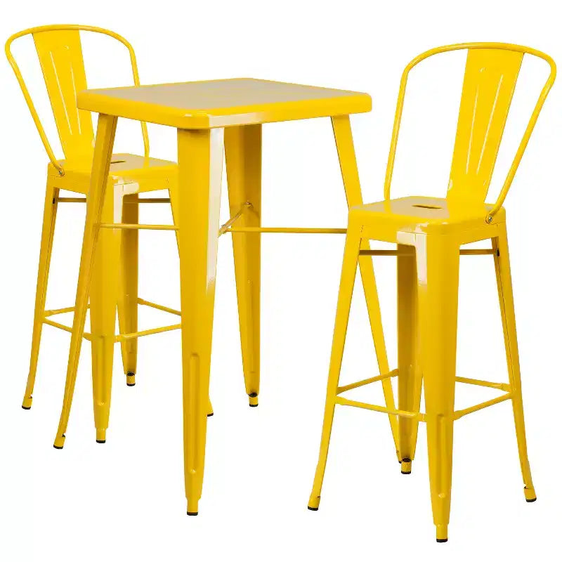 Emma and Oliver Commercial Grade 23.75 Square Metal Indoor-Outdoor Bar Table Set, 2 Back Stools