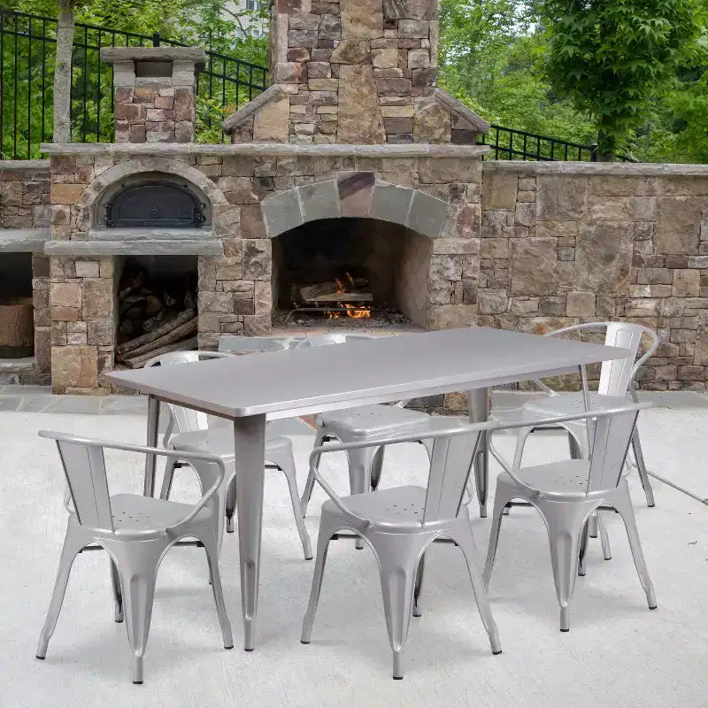 Emma and Oliver Commercial Grade Rectangular Metal Indoor-Outdoor Table Set with 6 Arm Chairs