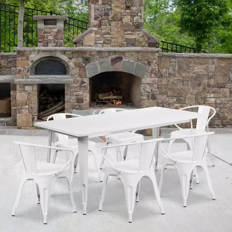 Emma and Oliver Commercial Grade Rectangular Metal Indoor-Outdoor Table Set with 6 Arm Chairs