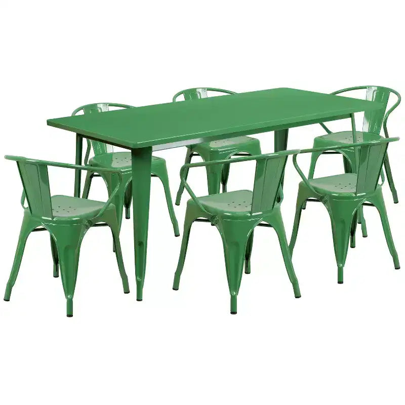 Emma and Oliver Commercial Grade Rectangular Metal Indoor-Outdoor Table Set with 6 Arm Chairs