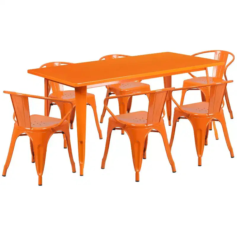 Emma and Oliver Commercial Grade Rectangular Metal Indoor-Outdoor Table Set with 6 Arm Chairs