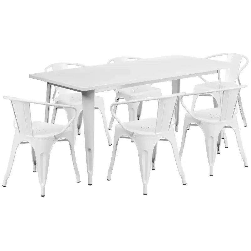 Emma and Oliver Commercial Grade Rectangular Metal Indoor-Outdoor Table Set with 6 Arm Chairs