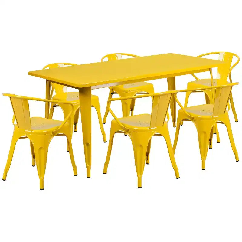 Emma and Oliver Commercial Grade Rectangular Metal Indoor-Outdoor Table Set with 6 Arm Chairs