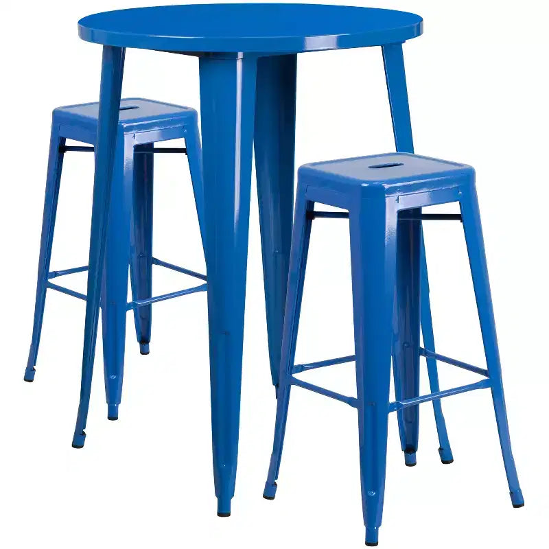 Emma and Oliver Commercial Grade 30 Round Metal Indoor-Outdoor Bar Table Set, 2 Backless Stools