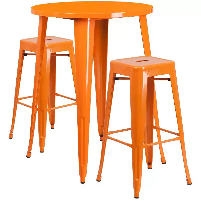 Emma and Oliver Commercial Grade 30 Round Metal Indoor-Outdoor Bar Table Set, 2 Backless Stools