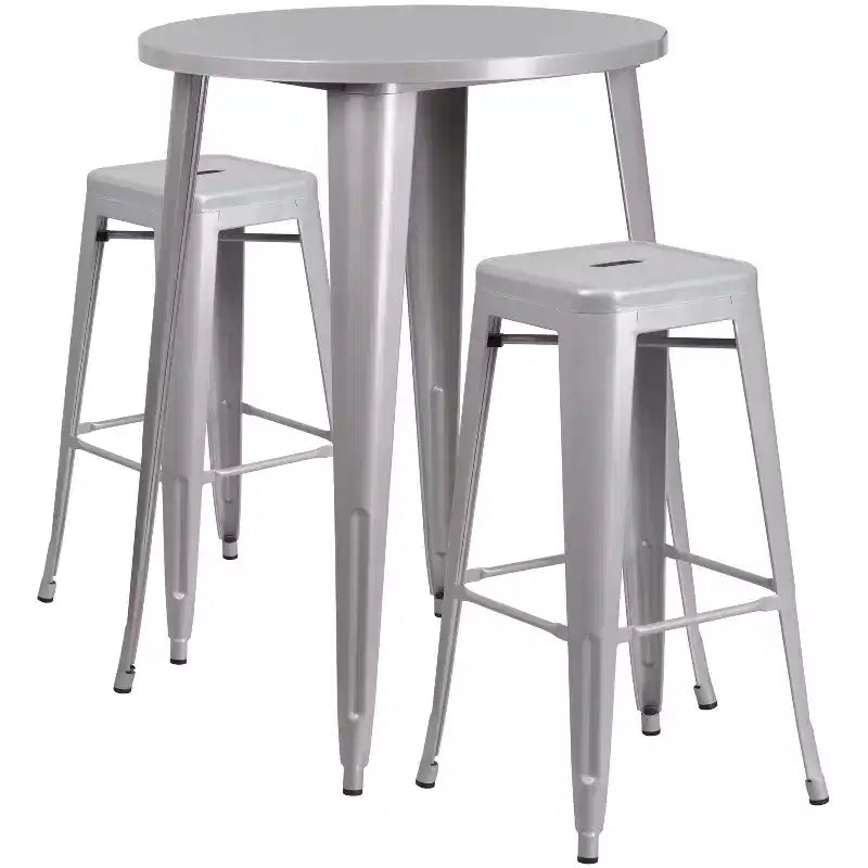 Emma and Oliver Commercial Grade 30 Round Metal Indoor-Outdoor Bar Table Set, 2 Backless Stools
