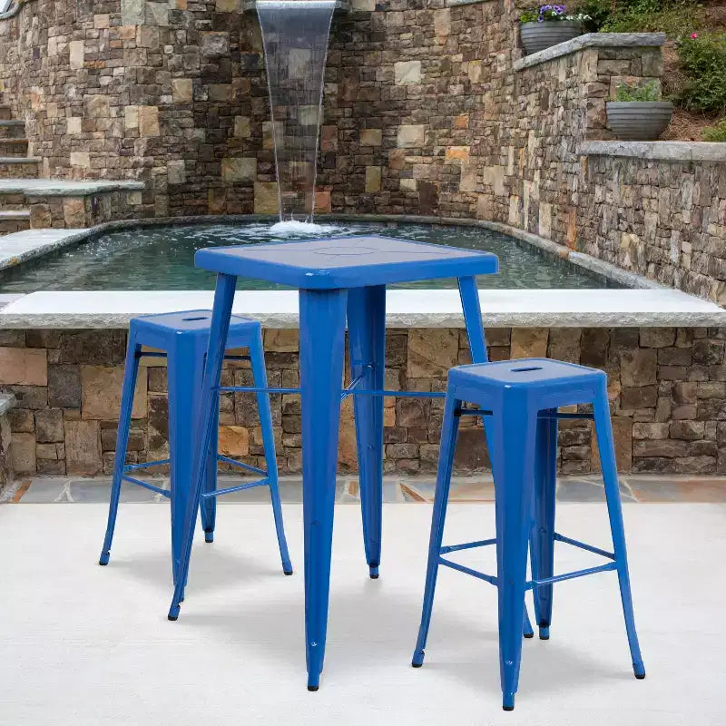 Emma and Oliver Commercial Grade 23.75 Square Metal Indoor-Outdoor Bar Set & 2 Backless Stools