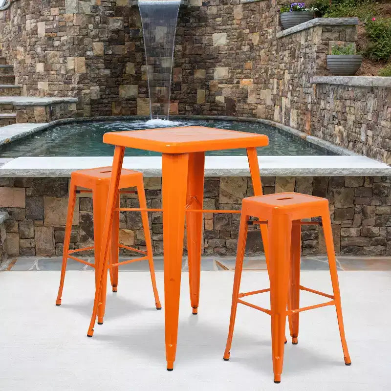 Emma and Oliver Commercial Grade 23.75 Square Metal Indoor-Outdoor Bar Set & 2 Backless Stools