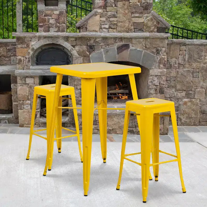 Emma and Oliver Commercial Grade 23.75 Square Metal Indoor-Outdoor Bar Set & 2 Backless Stools